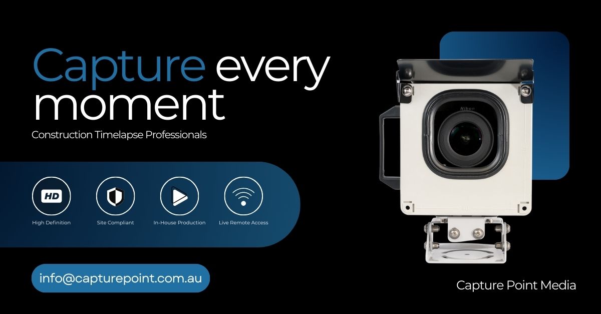Advanced Construction Time-Lapse Camera Monitoring Project Progress in Real Time High-resolution construction time-lapse camera with weatherproof casing, securely mounted on a pole at a building site, capturing continuous progress of new commercial development